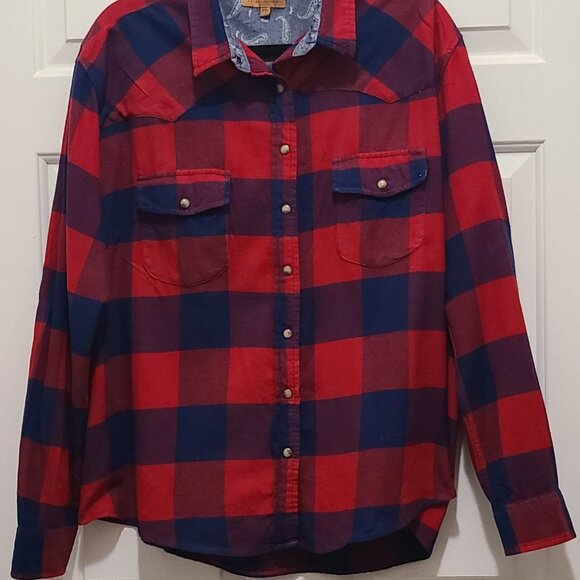 JACHS Girlfriend Cotton Buffalo Check Snap Button Roll Up Sleeve Flannel Shirt - Picture 1 of 8